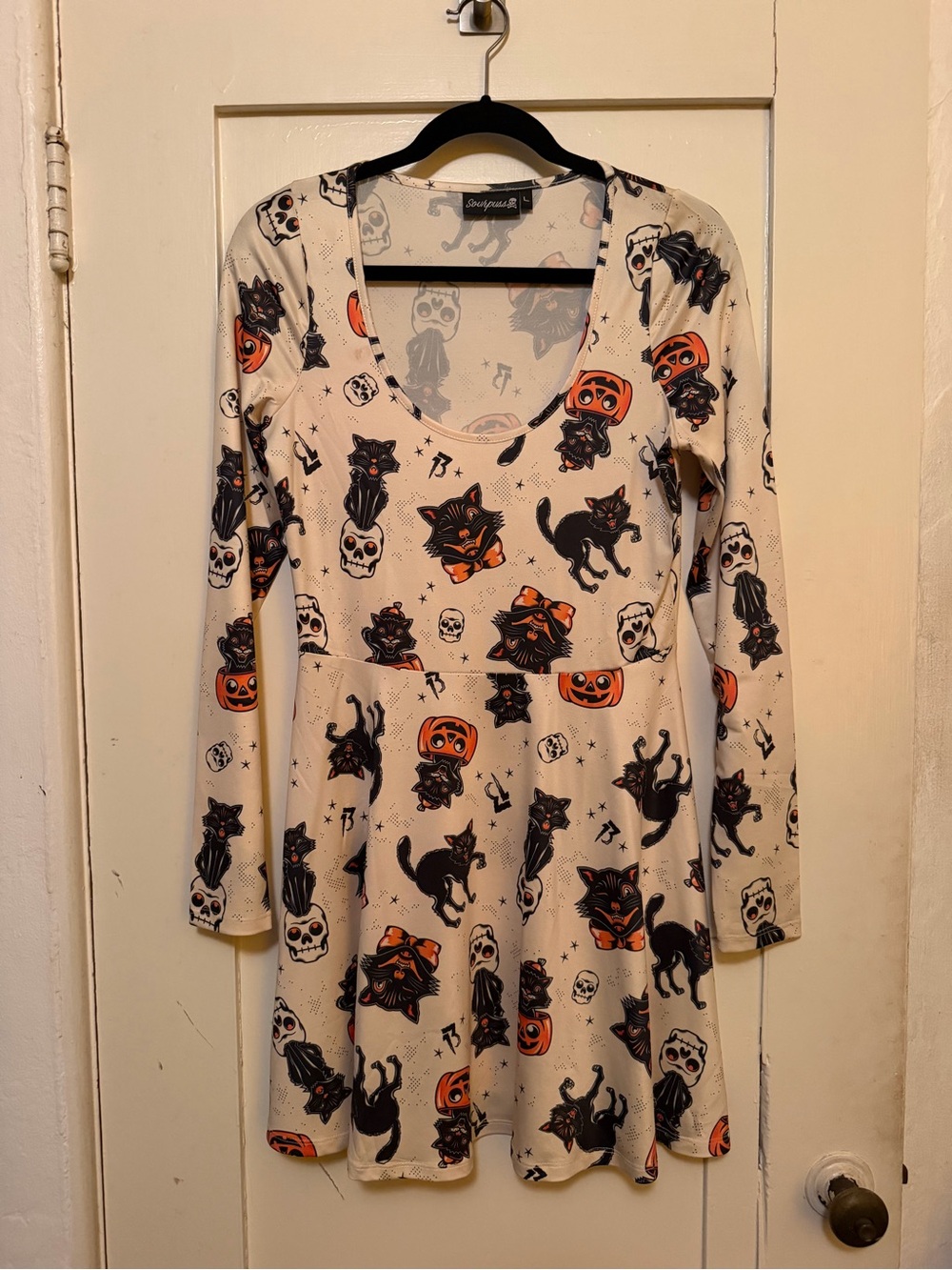 Sourpuss Halloween Black Cats Skater Dress in Cream Sz L